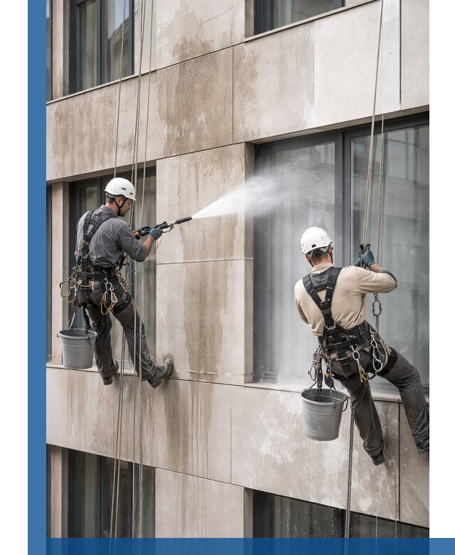 Послестроительная мойка фасада промышленным альпинизмом в Белой Калитве