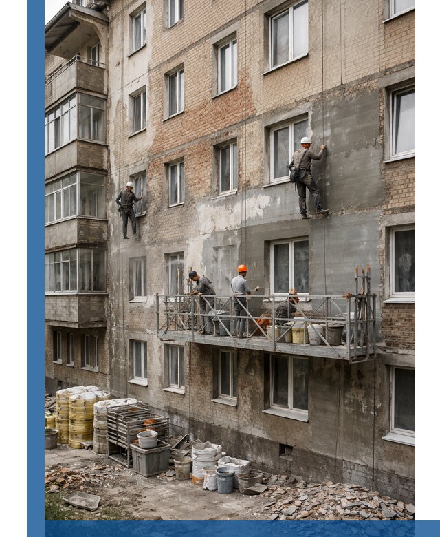 Капитальный ремонт фасада в Белой Калитве с восстановлением и гидроизоляцией