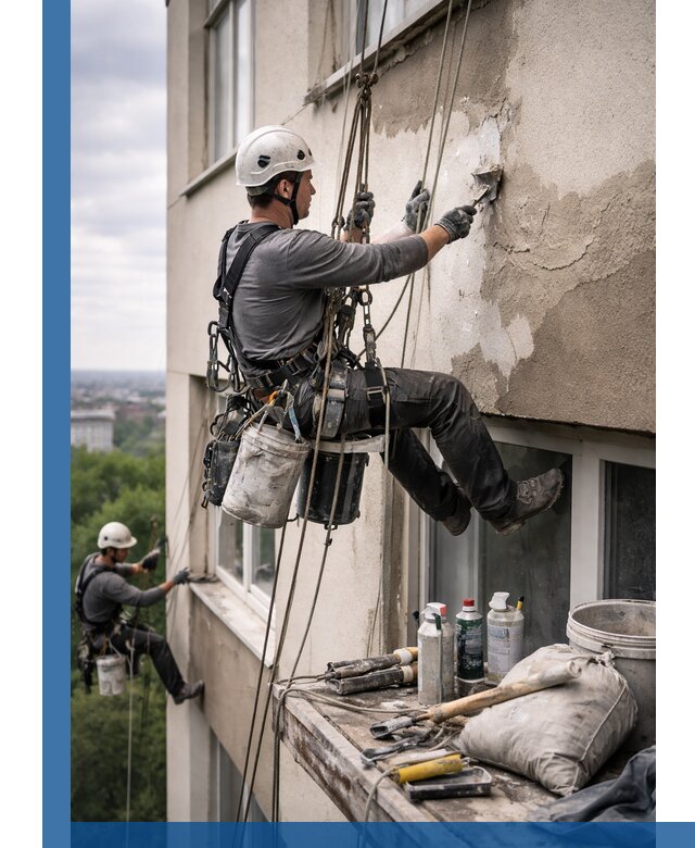 Косметический ремонт фасада зданий в Белой Калитве промышленными альпинистами