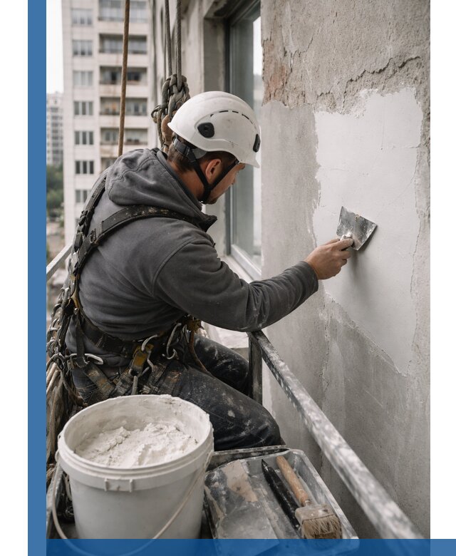 Шпаклевка фасадов на высоте с промальпинистами в Белой Калитве