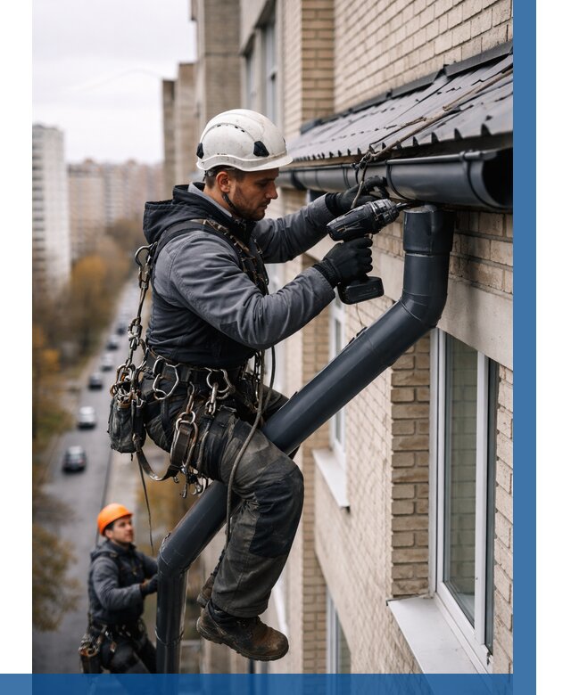 Монтаж водосточной системы на здании в Белой Калитве от 5186 р. | ВЫСОТНИК-Бкл