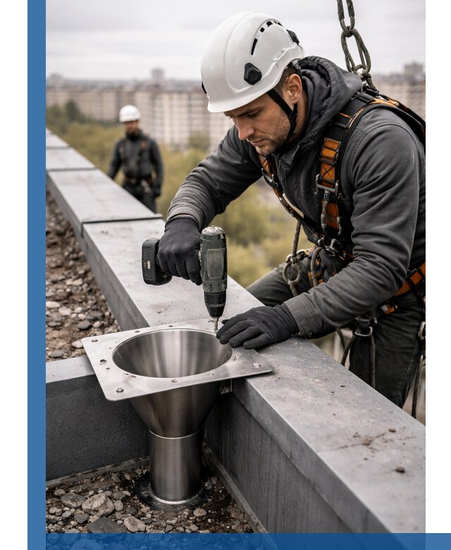 Монтаж водосточных воронок в Белой Калитве для промышленных зданий