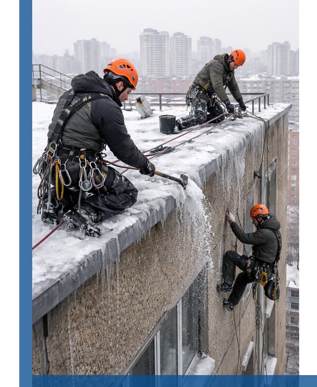 Удаление наледи с кровли в Белой Калитве промышленными альпинистами