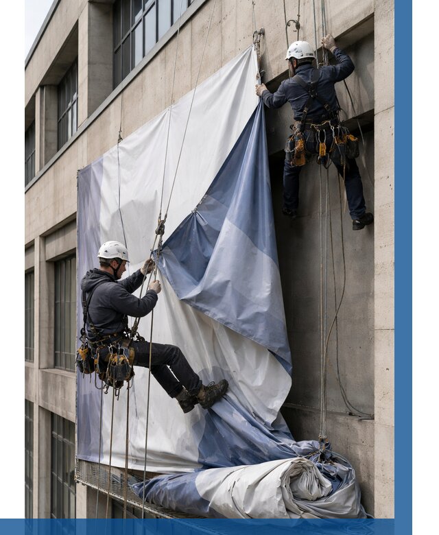 Демонтаж баннеров с фасада в Белой Калитве от 4667 р. | ВЫСОТНИК-Бкл