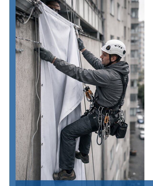 Замена баннерного полотна промышленными альпинистами в Белой Калитве