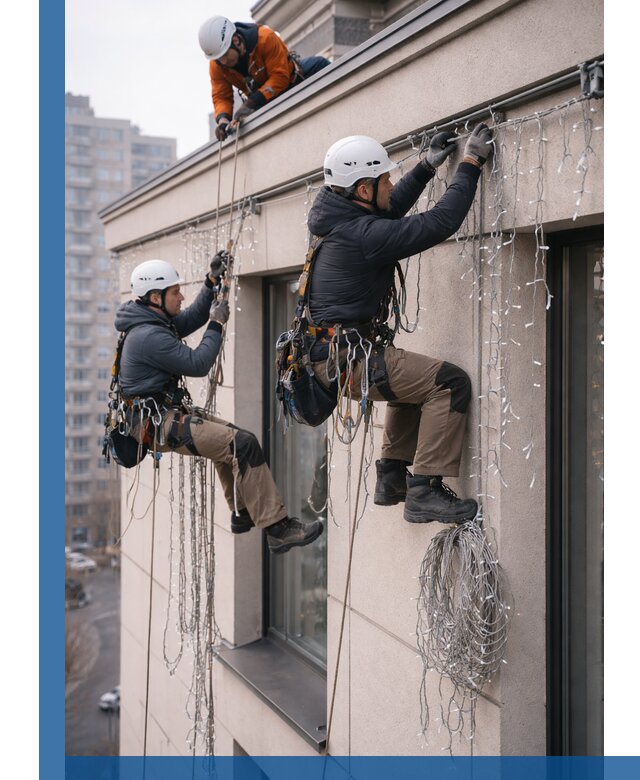 Монтаж праздничных гирлянд на фасаде в Белой Калитве для зданий