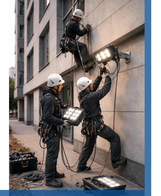 Монтаж прожекторов на фасаде в Белой Калитве от 7778 р. | ВЫСОТНИК-Бкл