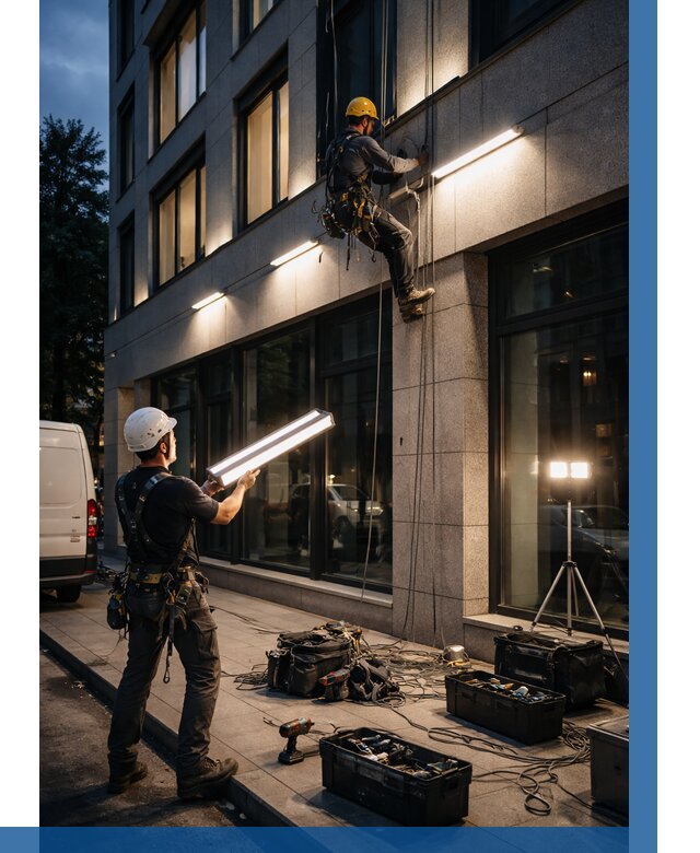 Монтаж архитектурной подсветки здания в Белой Калитве от 2593 р.|ВЫСОТНИК-Бкл