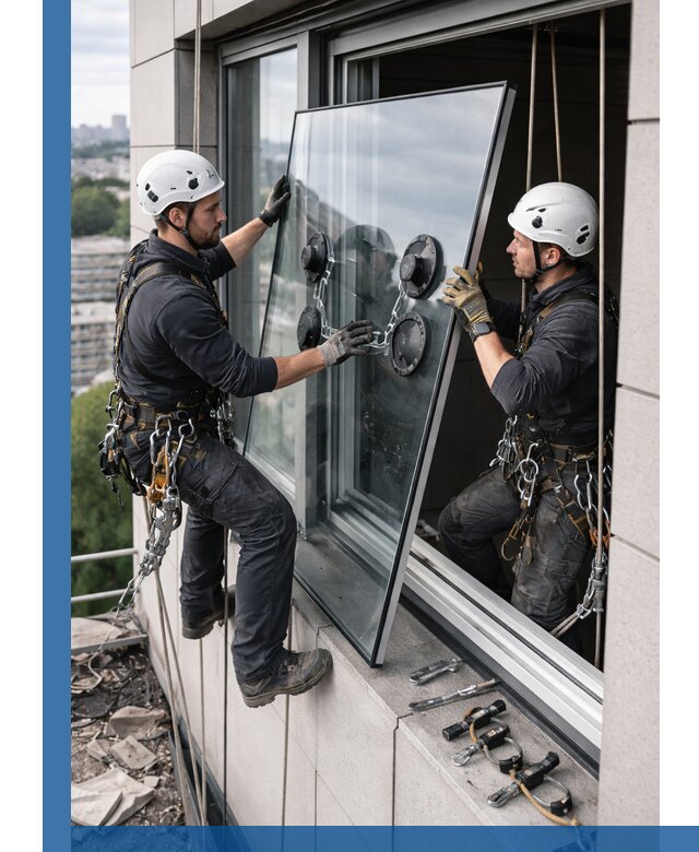 Замена стеклопакетов на высоте с промышленными альпинистами в Белой Калитве