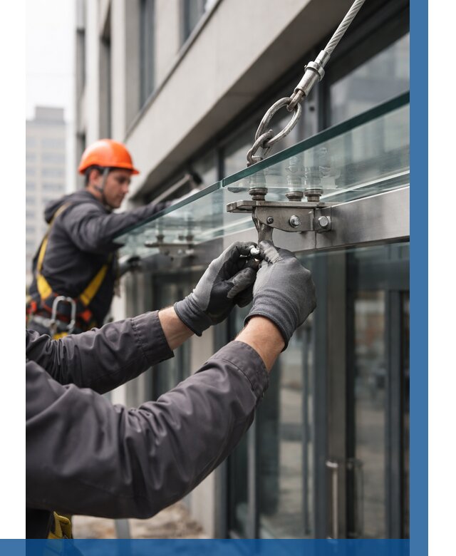 Монтаж стеклянных козырьков в Белой Калитве от 8815 р. | ВЫСОТНИК-Бкл