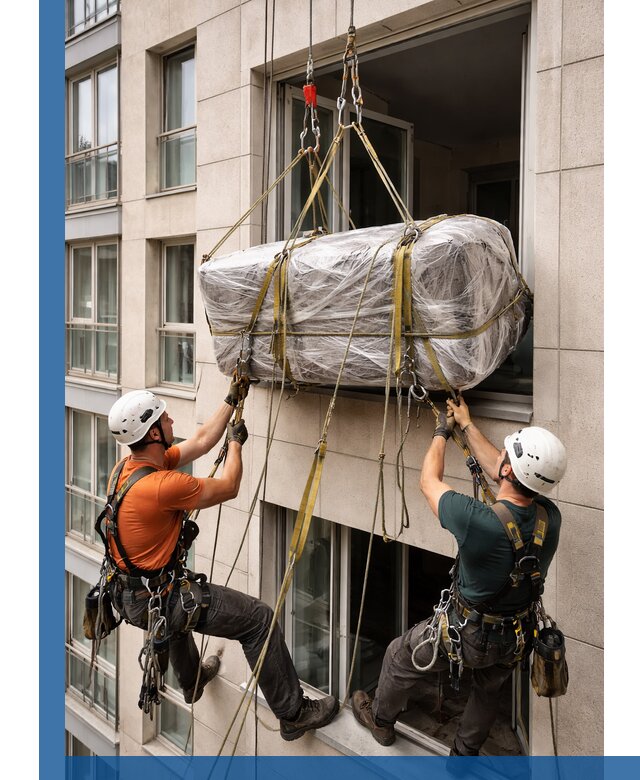 Подъем грузов через окно в Белой Калитве промышленными альпинистами