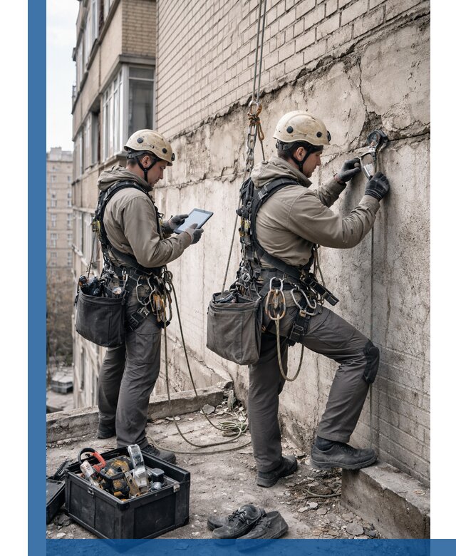 Обследование фасада промышленными альпинистами в Белой Калитве